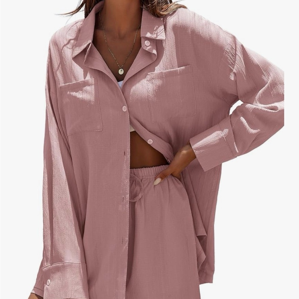 Button-Up Shirt and Shorts lounge Set bronze